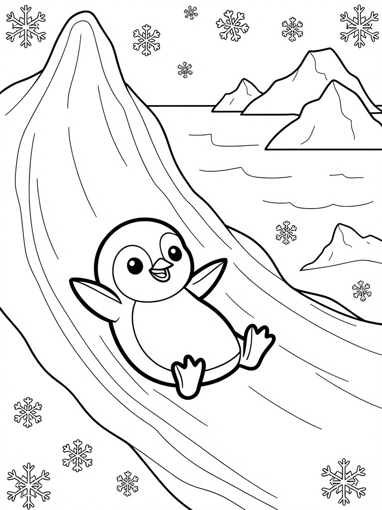 Black line drawing of a cute baby penguin sliding down a curved ice ramp amid snowflakes, ocean, icebergs, and mountains.