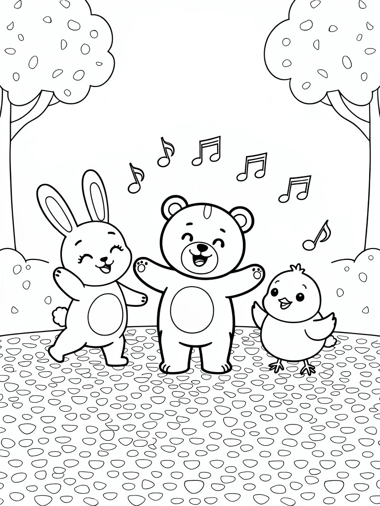 Black line art of a smiling bear, bunny, and chick dancing together with musical notes, trees, and pebble ground.