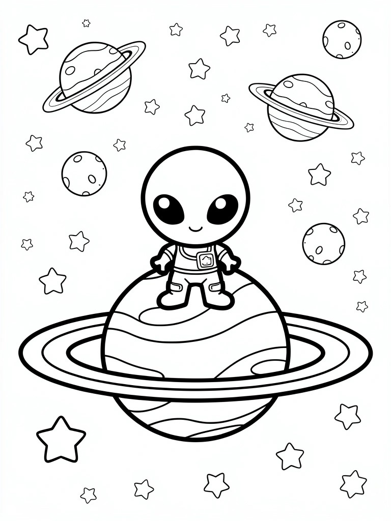 Black and white line art of a chibi alien astronaut in a spacesuit standing on Saturn surrounded by planets and stars.