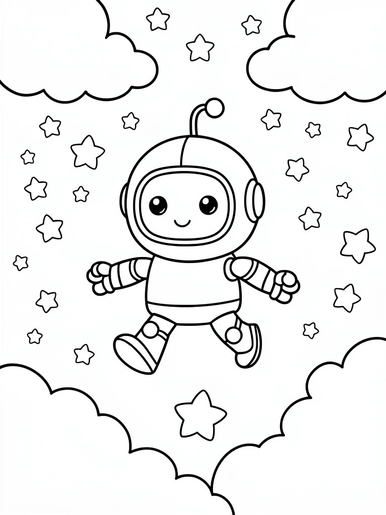 Line drawing of a cute cartoon astronaut jumping amid stars and clouds.