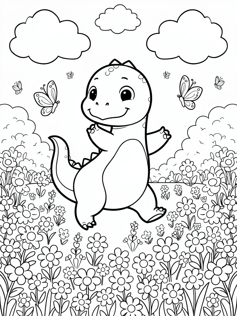 Black and white line drawing of a smiling baby dinosaur with outstretched arms in a field of flowers, surrounded by butterflies and clouds.