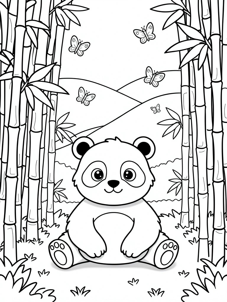 Line drawing of a baby panda sitting amid bamboo stalks, with butterflies, hills, and grass in a forest scene.