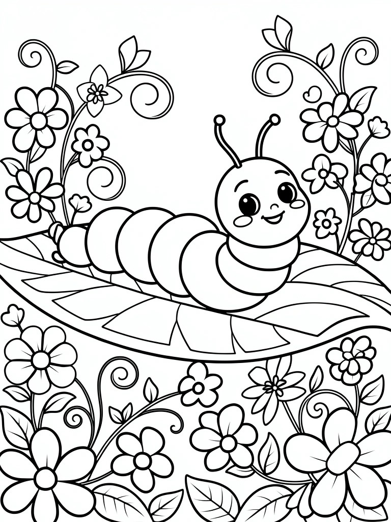 Black and white line art of a smiling cartoon caterpillar lying on a leaf amid flowers and swirling vines.