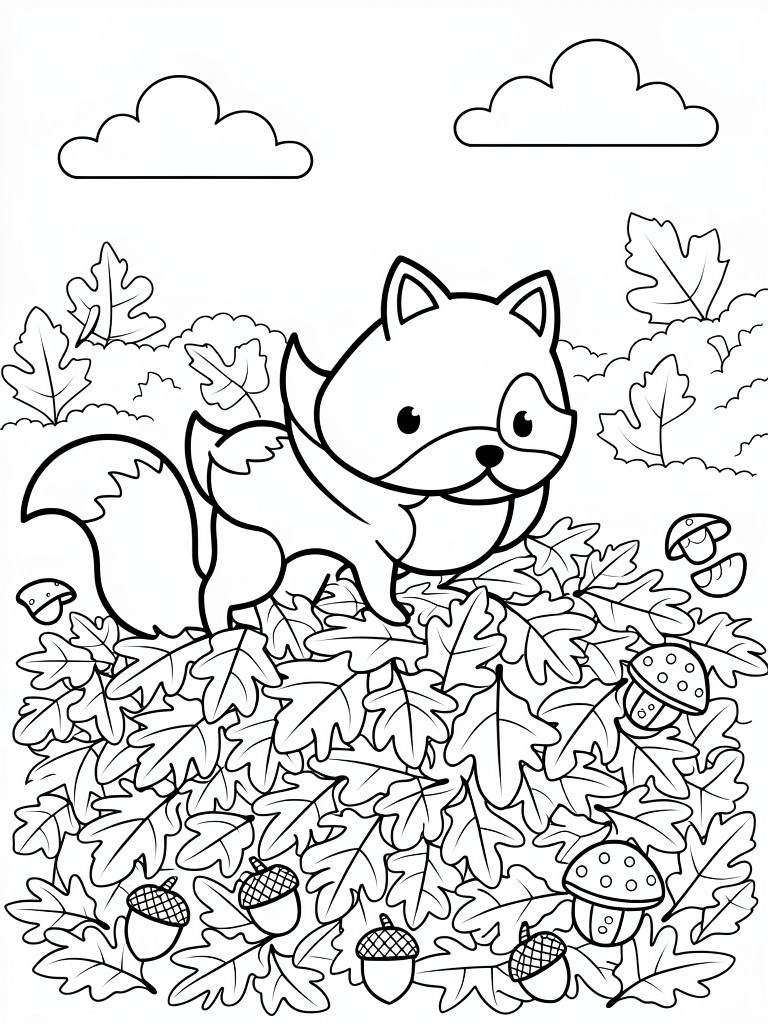 Line art of a cartoon fox holding an acorn on a pile of autumn leaves surrounded by acorns, mushrooms, and forest elements.
