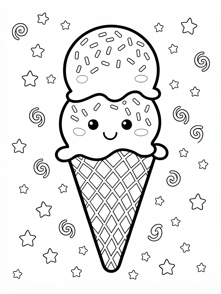 Line art of a smiling two-scoop ice cream cone with sprinkles, waffle texture, stars, and swirls.