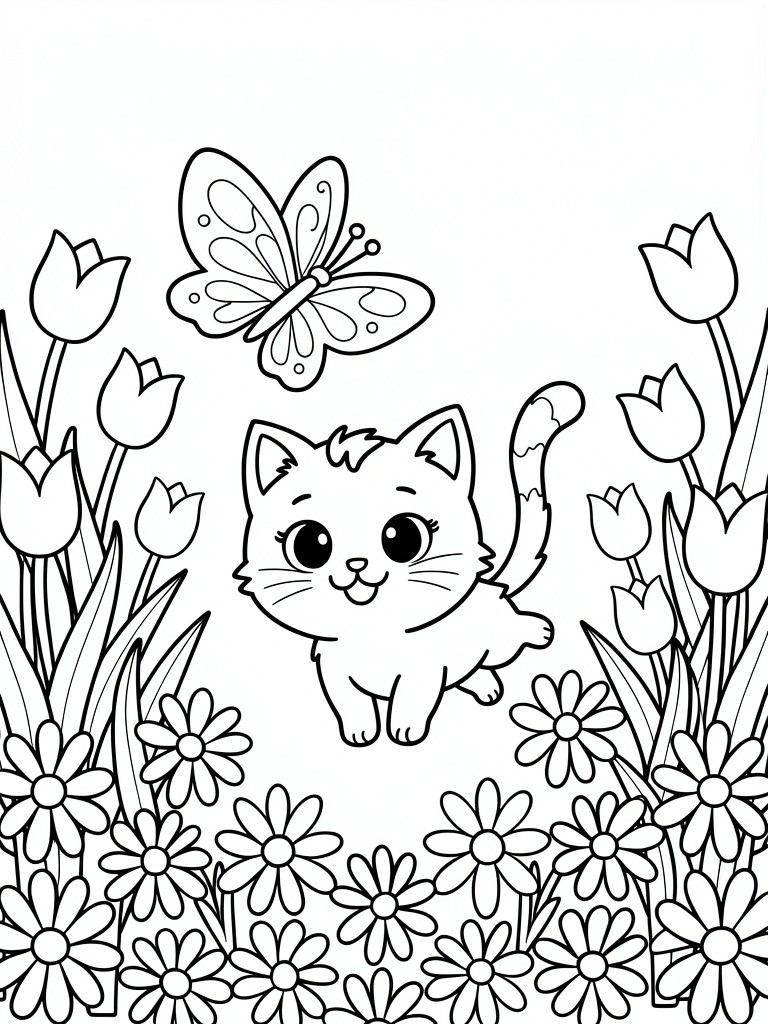 Black line drawing of a cute kitten surrounded by tulips, daisies, butterflies, and grass in a garden scene.