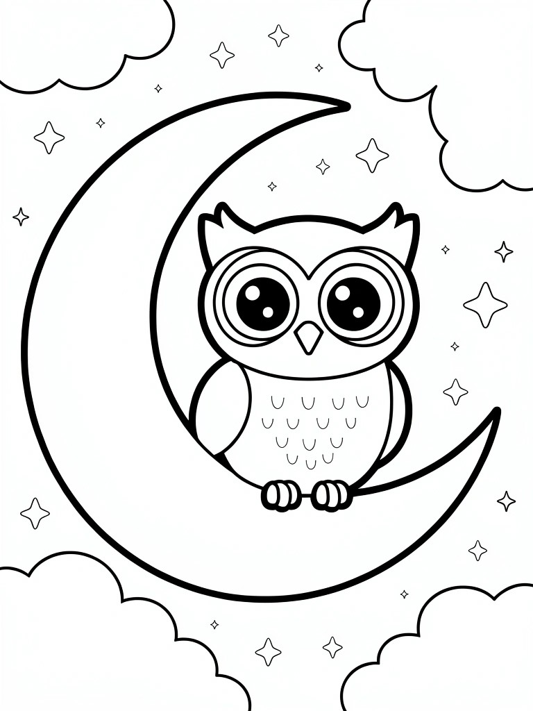 Black and white line drawing of a cartoon owl with big eyes sitting on a crescent moon, surrounded by stars and clouds.