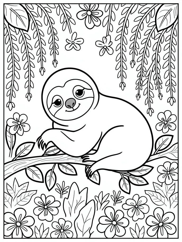 Line art coloring page of a smiling sloth perched on a branch surrounded by trailing vines, leaves, and flowers.