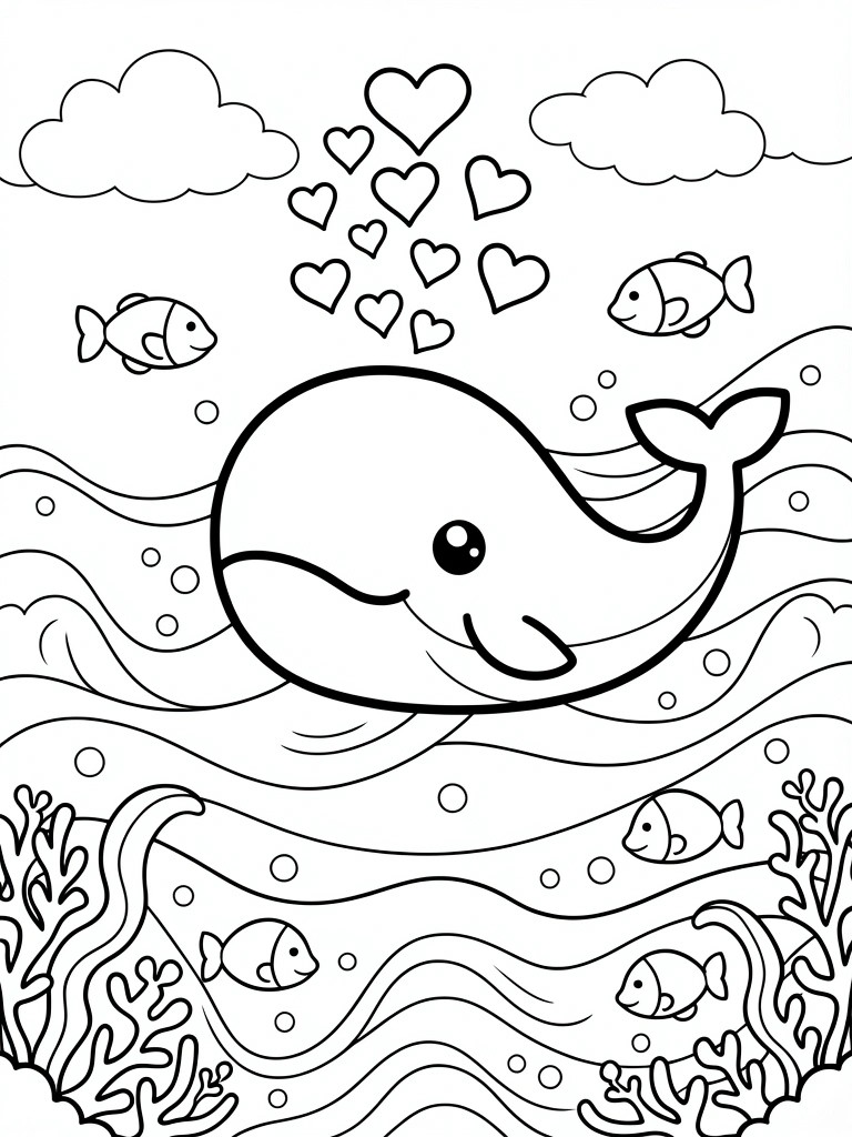 Black and white line drawing of a smiling cartoon whale swimming underwater amid fish, seaweed, bubbles, waves, floating hearts, and clouds.