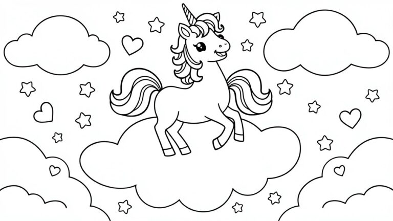 23 Fun Cartoon Coloring Pages That Spark Instant Smiles Black and white coloring page of a cartoon unicorn on a cloud surrounded by stars and hearts.