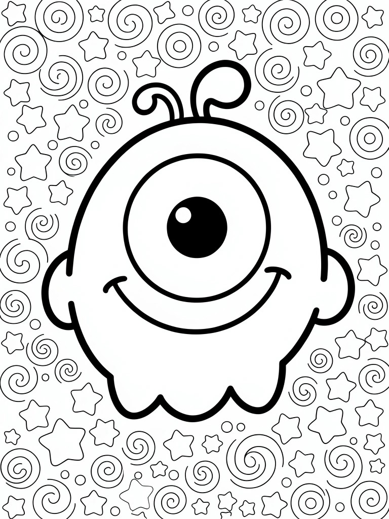 Black outline coloring page of a smiling one-eyed cartoon monster with antenna amid swirls and stars.