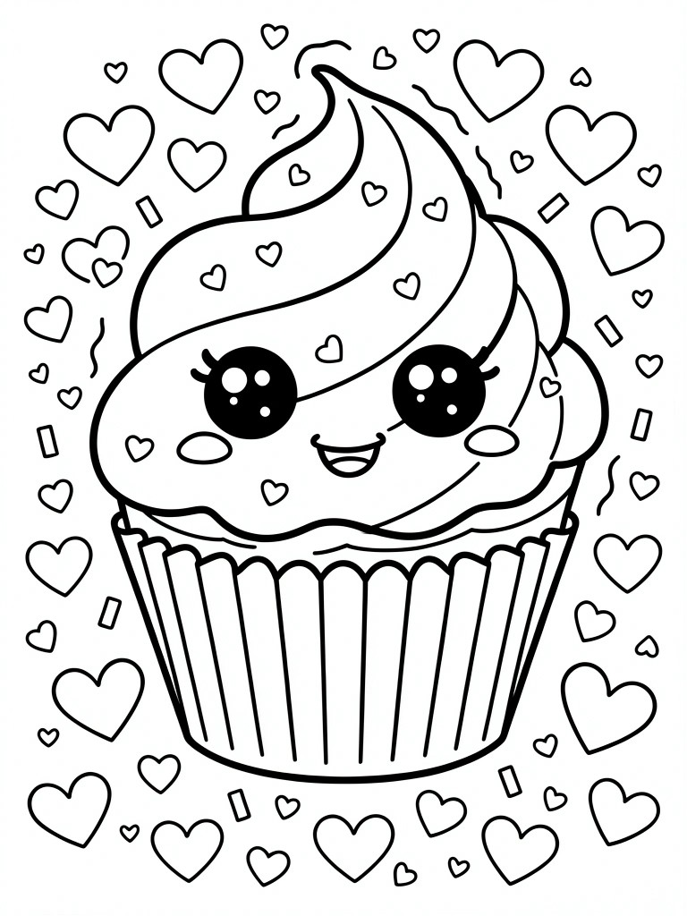 Black line art of a cute cupcake with face, big eyes, smile, swirled topping, surrounded by hearts and sparkles.