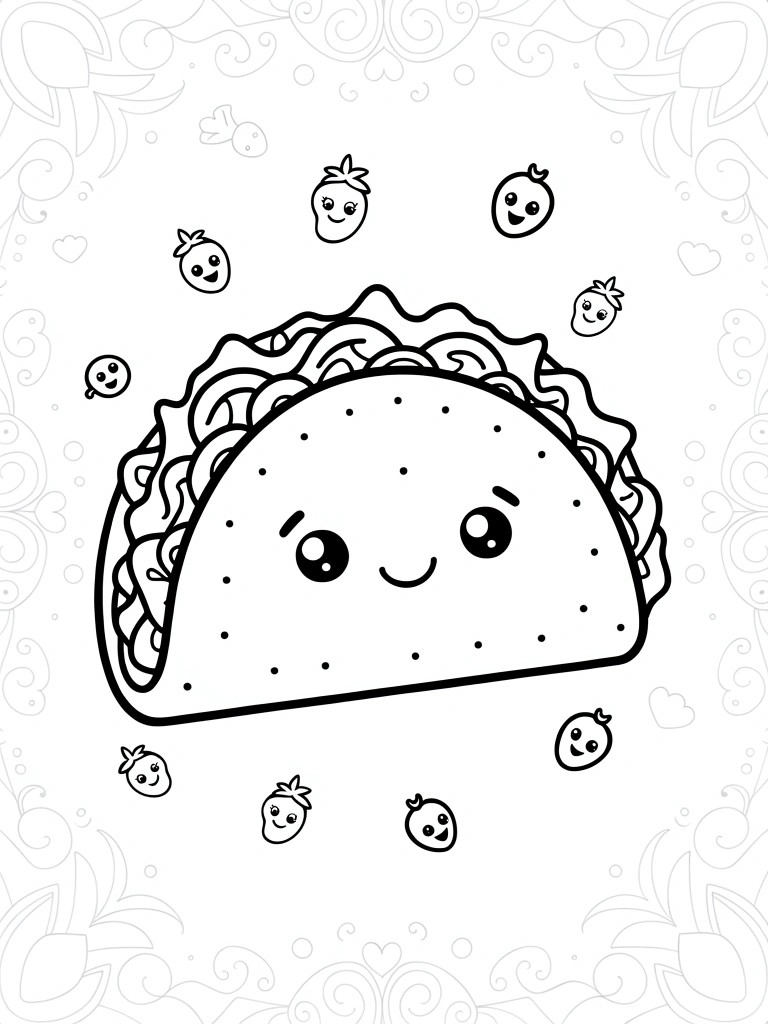 Black line art of a cute smiling taco character with lettuce, surrounded by floating strawberries with faces, inside a decorative border.