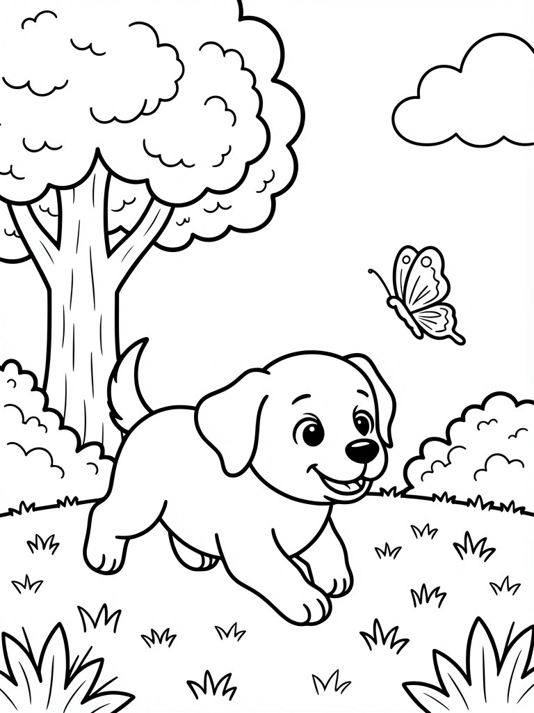 Line drawing of a happy puppy running on grass toward a butterfly, next to a tree with bushes and clouds in a simple outdoor scene.