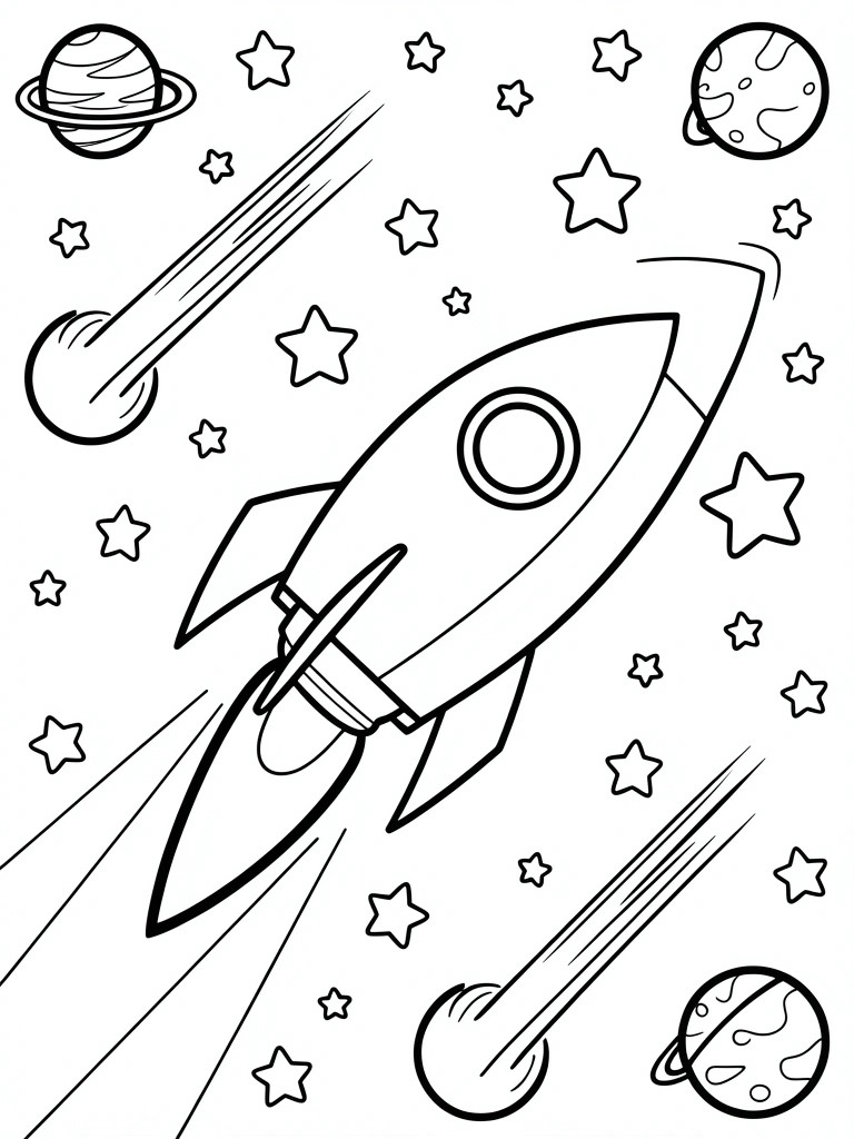 Black and white line art of a cartoon rocket ship flying upward through space with stars, planets, and comets.