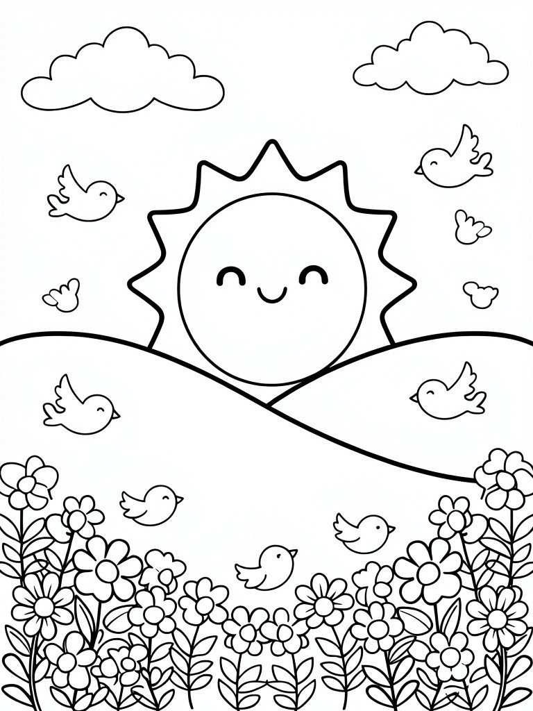 Black line drawing of a smiling sun over hills with clouds, birds, and flowers.
