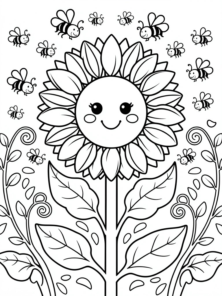 Black and white line drawing of a happy-faced sunflower with surrounding bees, leaves, vines, and seeds.