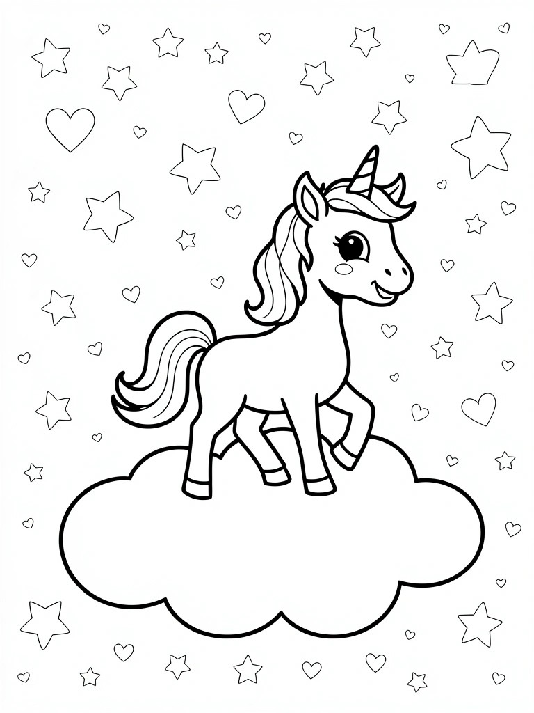 Black and white coloring page of a cartoon unicorn on a cloud surrounded by stars and hearts.