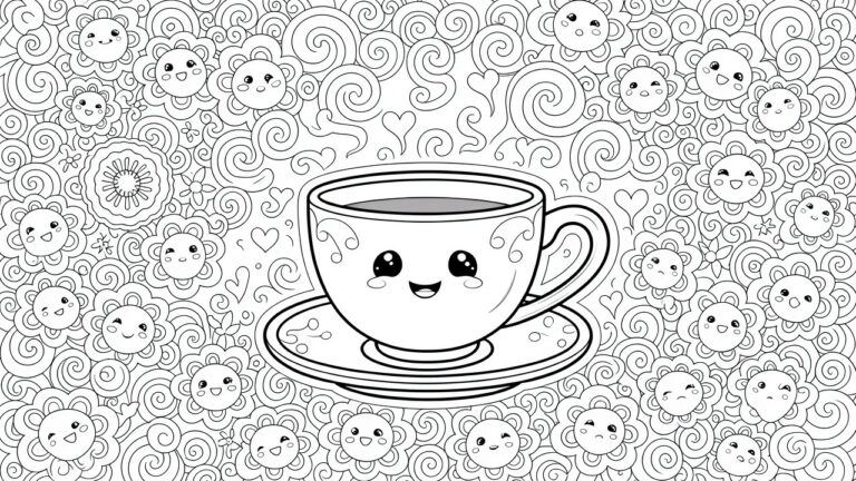 Black line art coloring page featuring a central kawaii teacup with eyes and smile on a saucer, framed by swirls, hearts, and small cute faces.