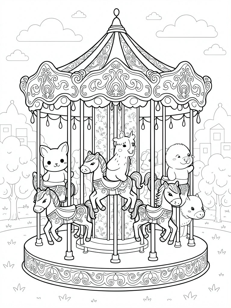 Line art of a kawaii carousel with animals on horses, detailed canopy, clouds, trees, and buildings.