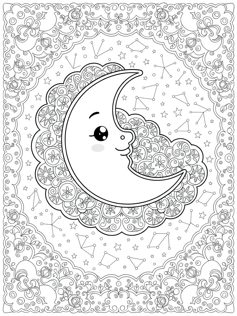 Black and white line art of a smiling crescent moon with stars, clouds, and detailed floral-lace borders.