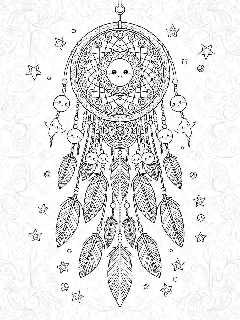 Line art of a hanging kawaii dreamcatcher with smiling sun face in the web center, dangling feathers, beads with cute faces, and surrounding stars.