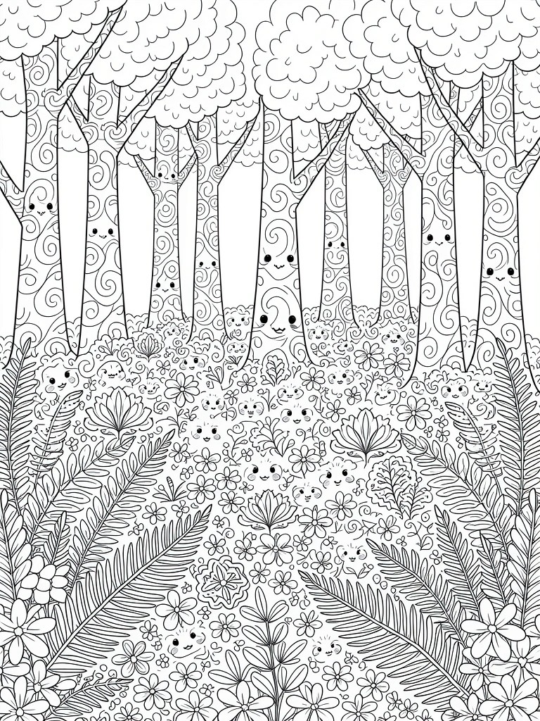 Line art coloring page of tall kawaii trees with smiling faces in a grove, surrounded by ferns, flowers, and tiny faces.