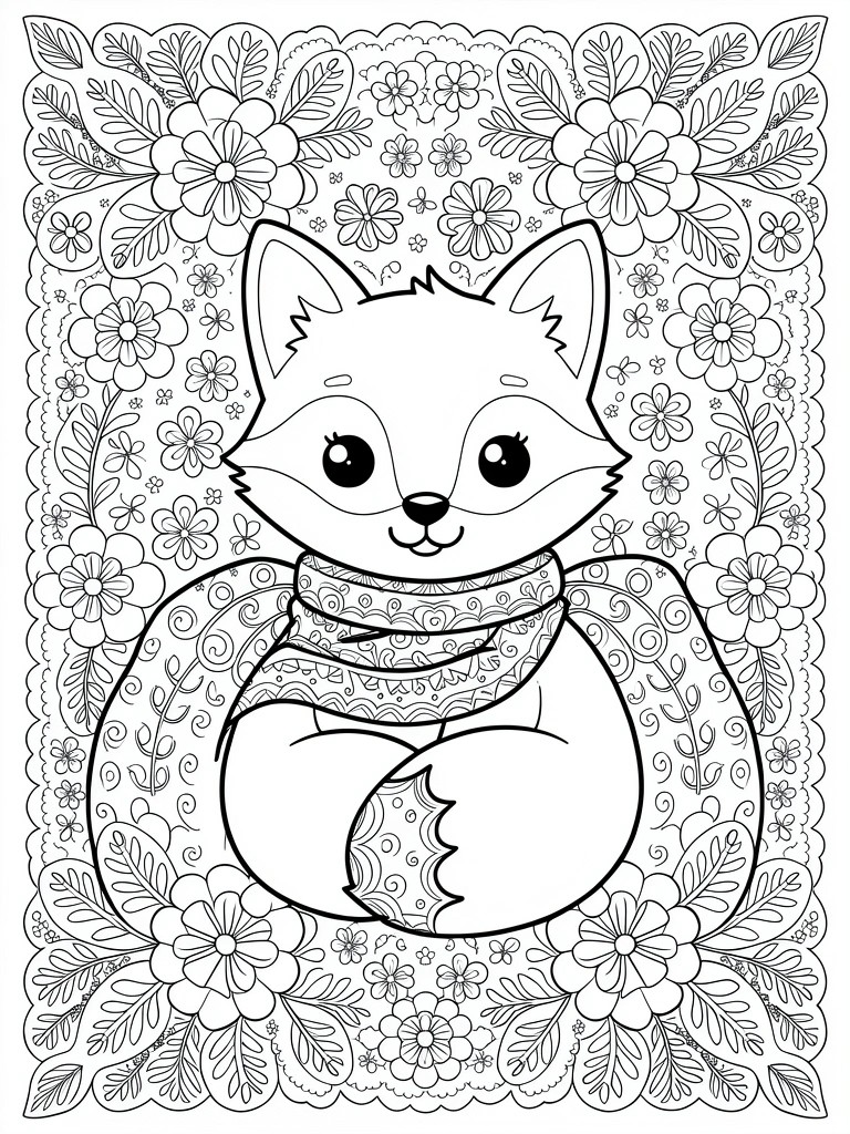 Line art coloring page featuring a cute fox with big eyes and a scarf centered in an intricate floral and leafy border.