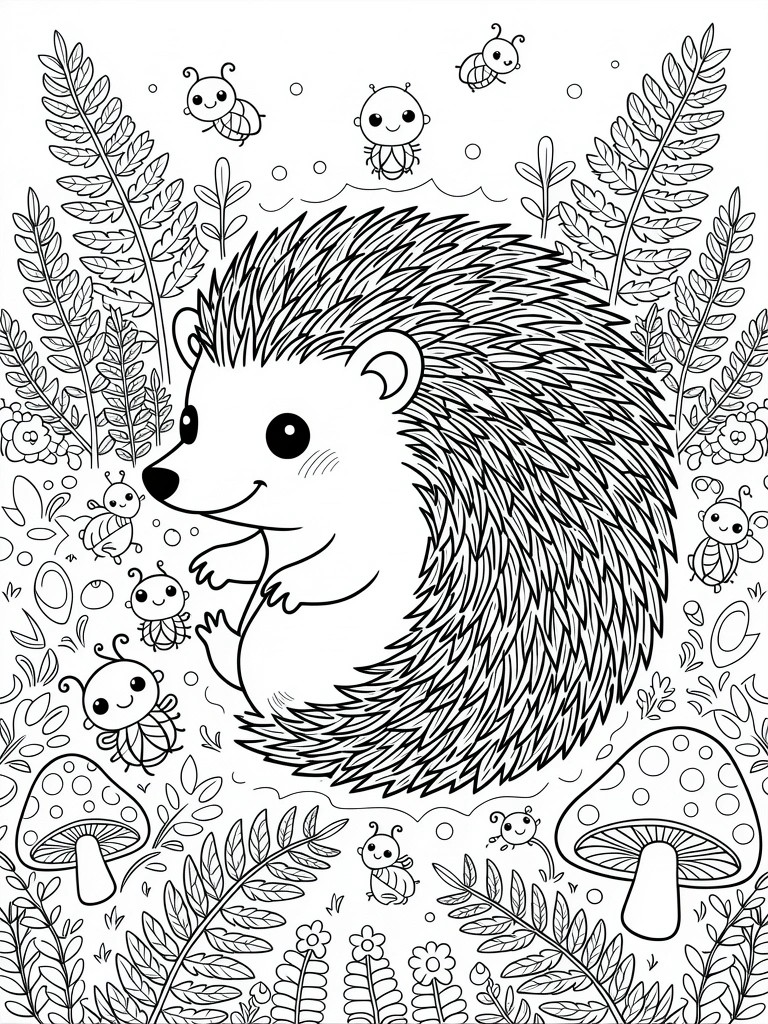 Line art of a cute hedgehog sitting among ferns, mushrooms, and ladybugs in a forest scene.