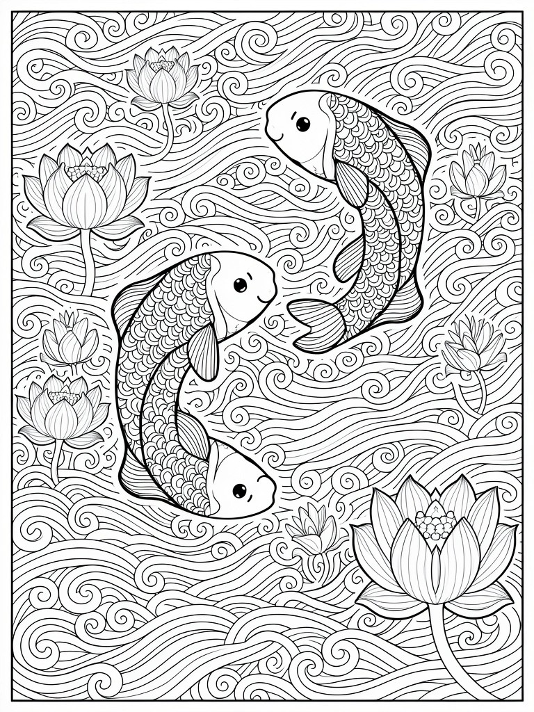 Black line coloring page of two smiling koi fish surrounded by lotus flowers and swirling waves.