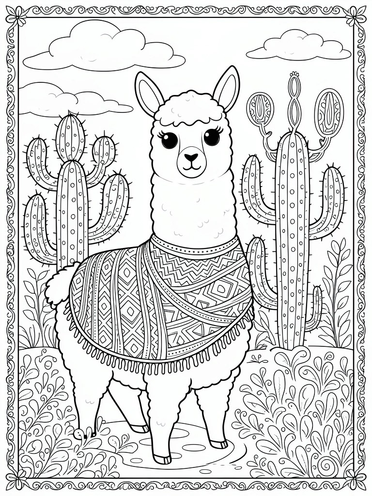 Line art of a cute llama in a fringed patterned poncho surrounded by cacti, clouds, and plants inside a decorative border.