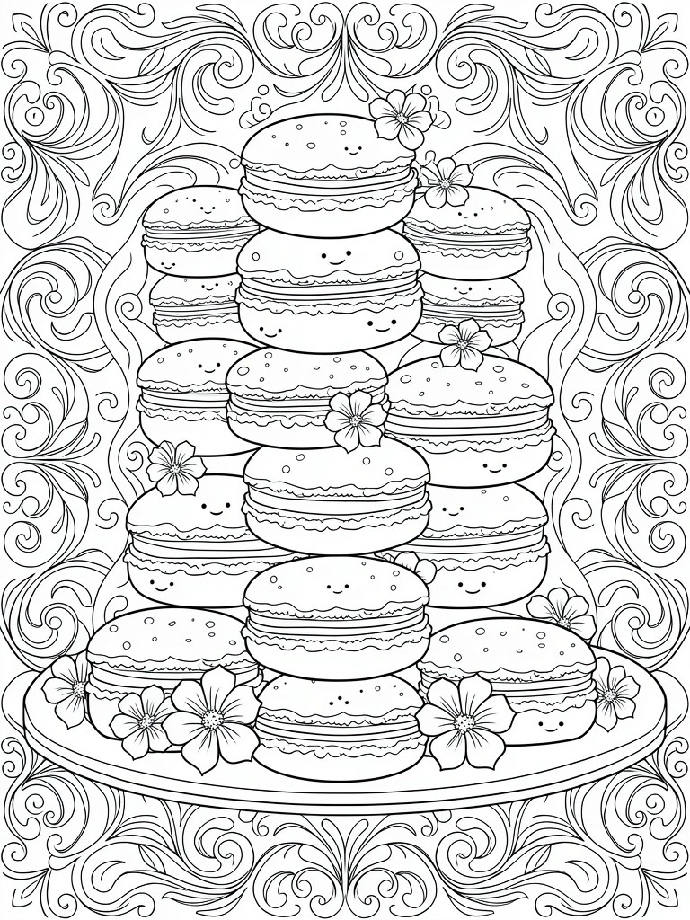 Black line art coloring page of a tall stack of kawaii macarons with smiling faces on a plate, framed by swirling floral borders.