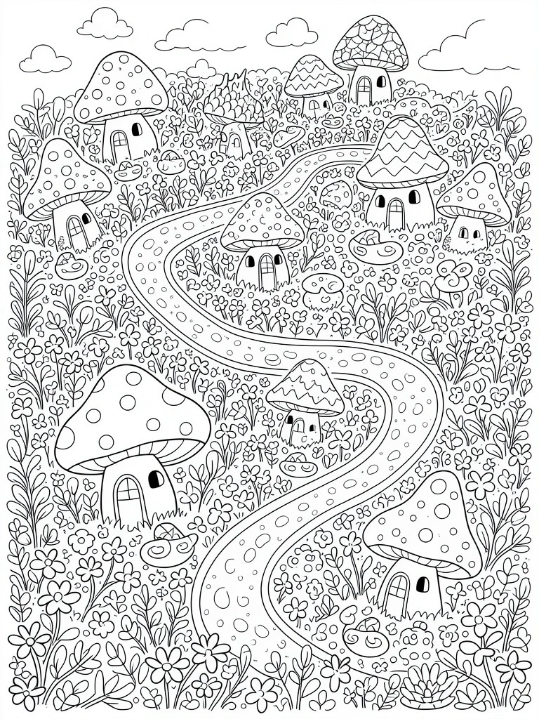 Line art of cute mushroom houses with doors and windows along a winding path in a field of grass, flowers, extra mushrooms, and clouds.