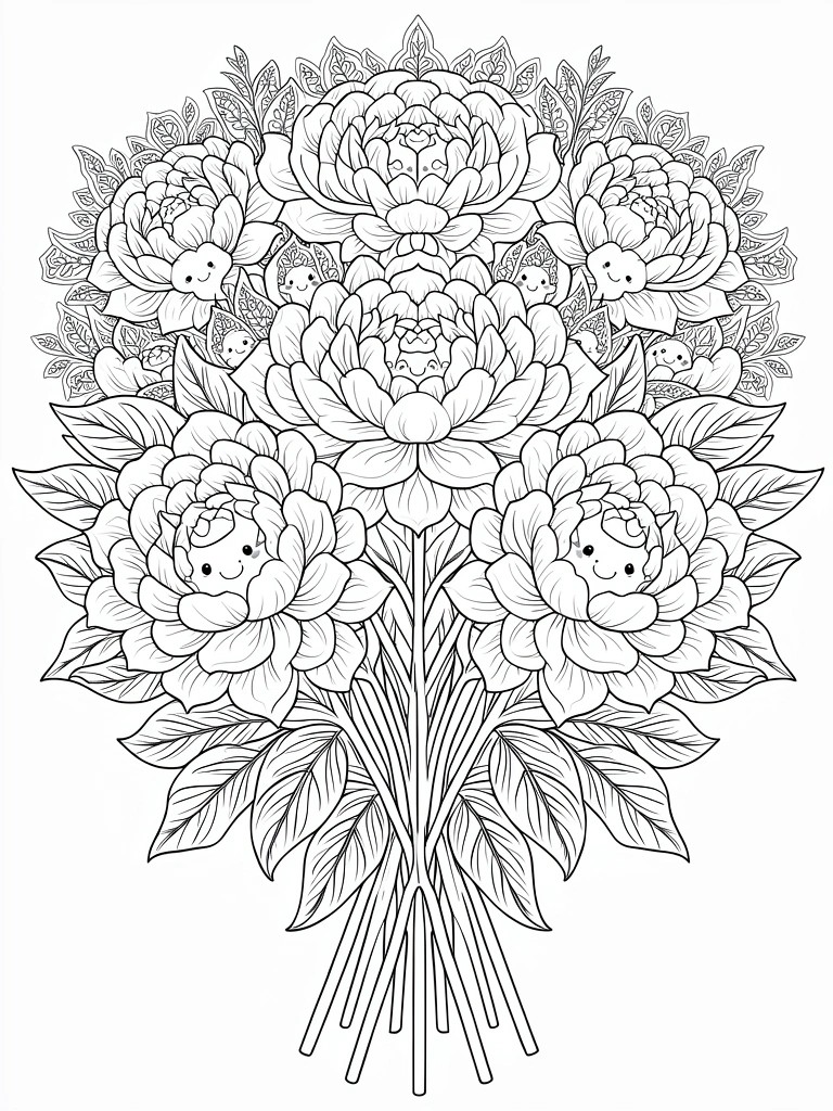 Line art of a bouquet of five peonies with kawaii faces, detailed petals, and leafy accents.