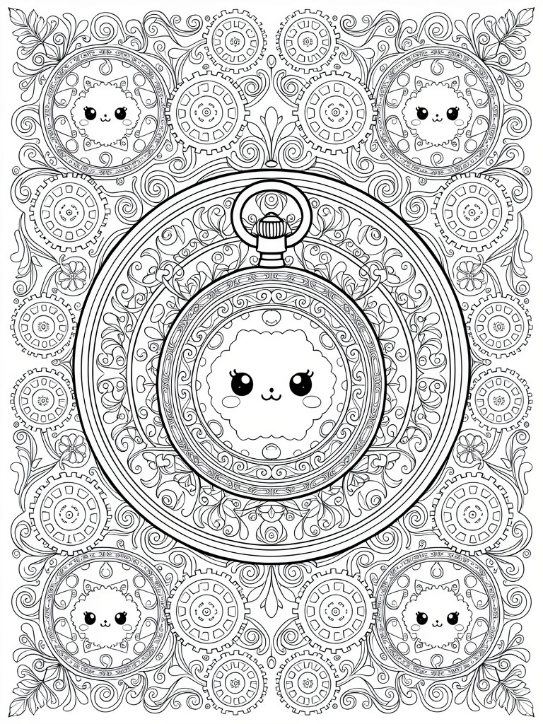 Black and white coloring page featuring a central kawaii cloud-faced pocket watch surrounded by gears, ornate patterns, vines, and small kawaii faces in a circular mandala layout.