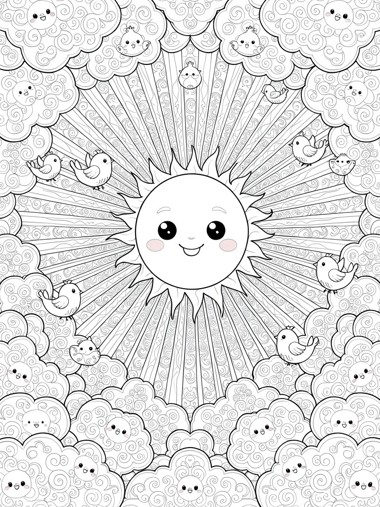 Black line coloring page featuring a central cute-faced sun with rays, surrounded by patterned clouds with faces and flying birds.