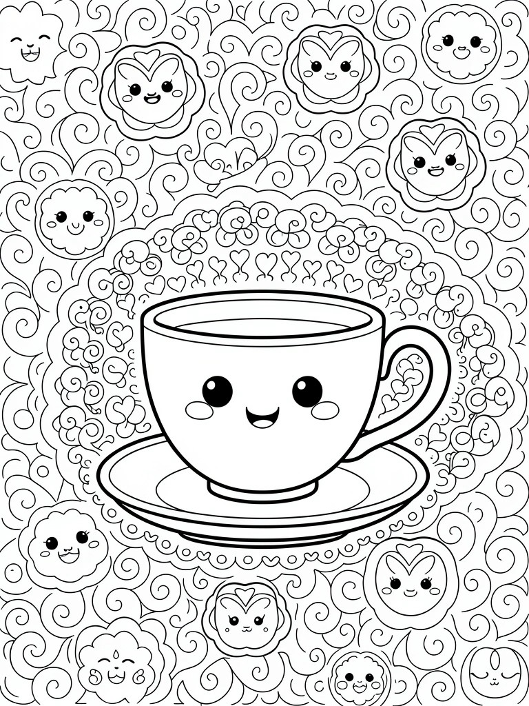 Black line art coloring page featuring a central kawaii teacup with eyes and smile on a saucer, framed by swirls, hearts, and small cute faces.