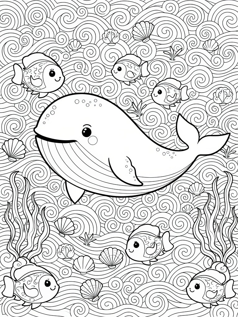 Coloring page of a cute whale with big eyes surrounded by small fish in hats, seashells, seaweed, and swirling wave patterns.