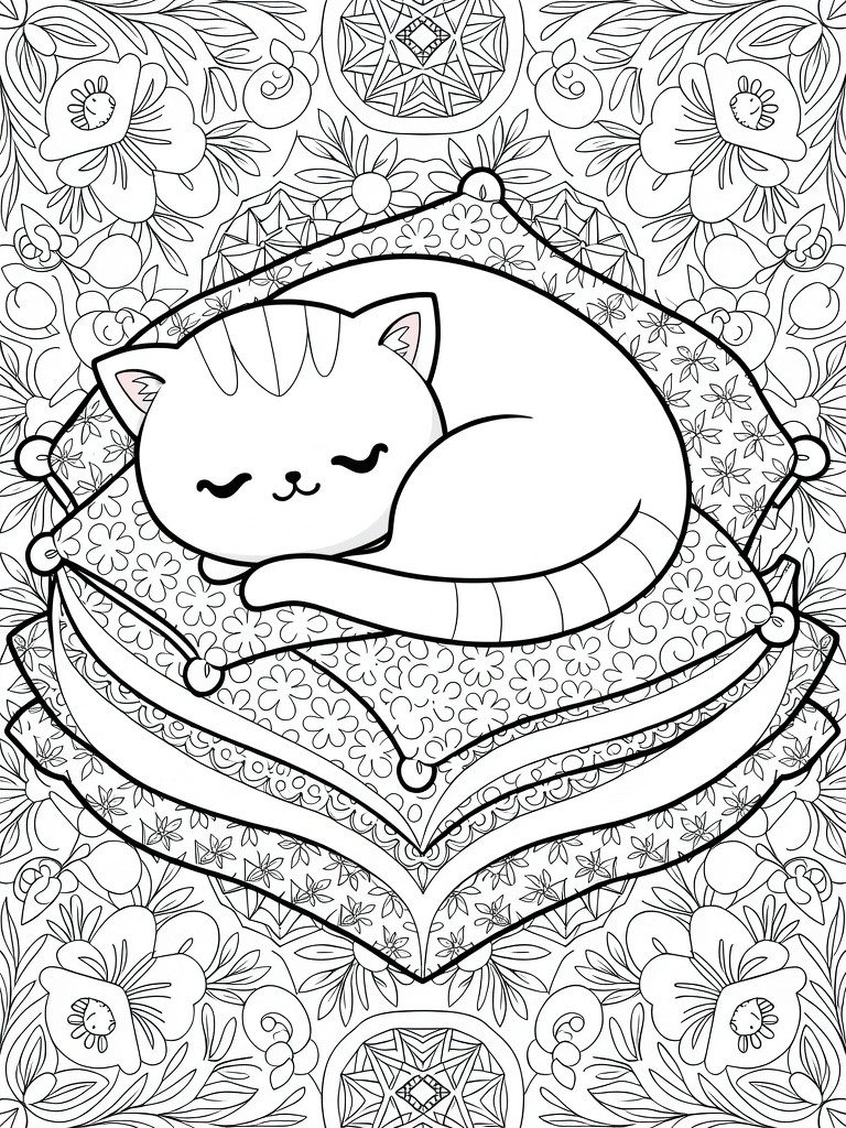 Line drawing of a sleeping tabby cat on cushions framed by floral mandala patterns.