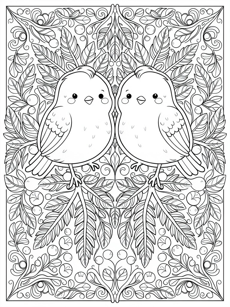 Coloring page featuring two facing birds surrounded by detailed leaves, berries, vines, and ornate borders.