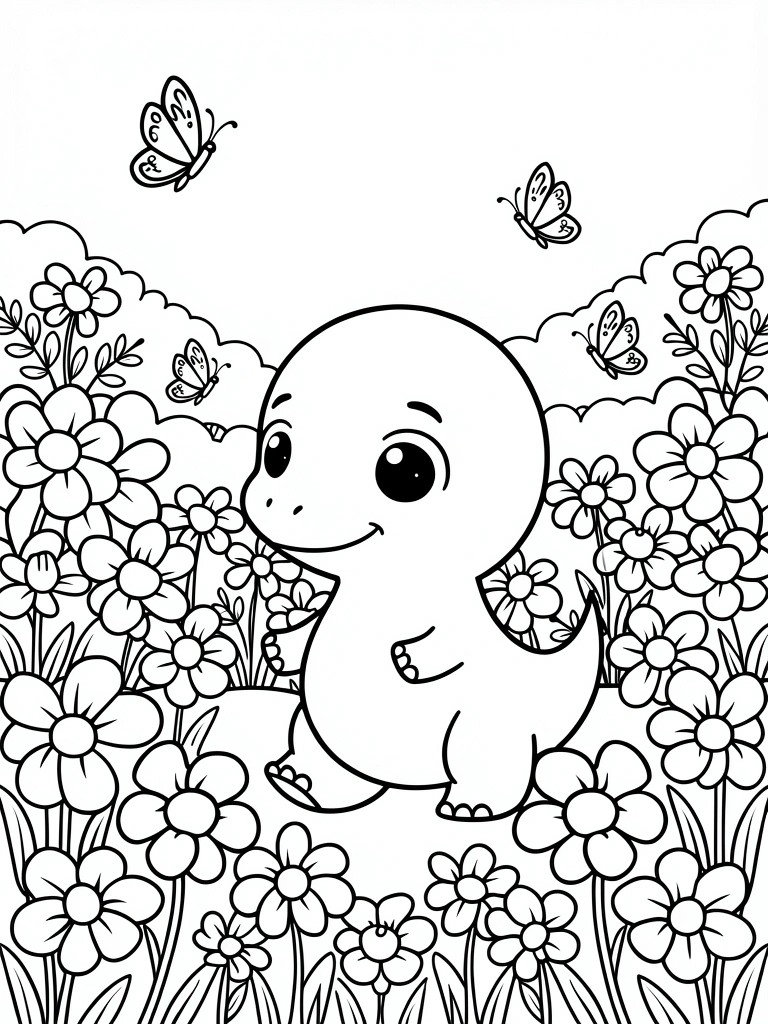 Black and white line drawing of a cute baby dinosaur walking amid flowers and butterflies in a garden scene.