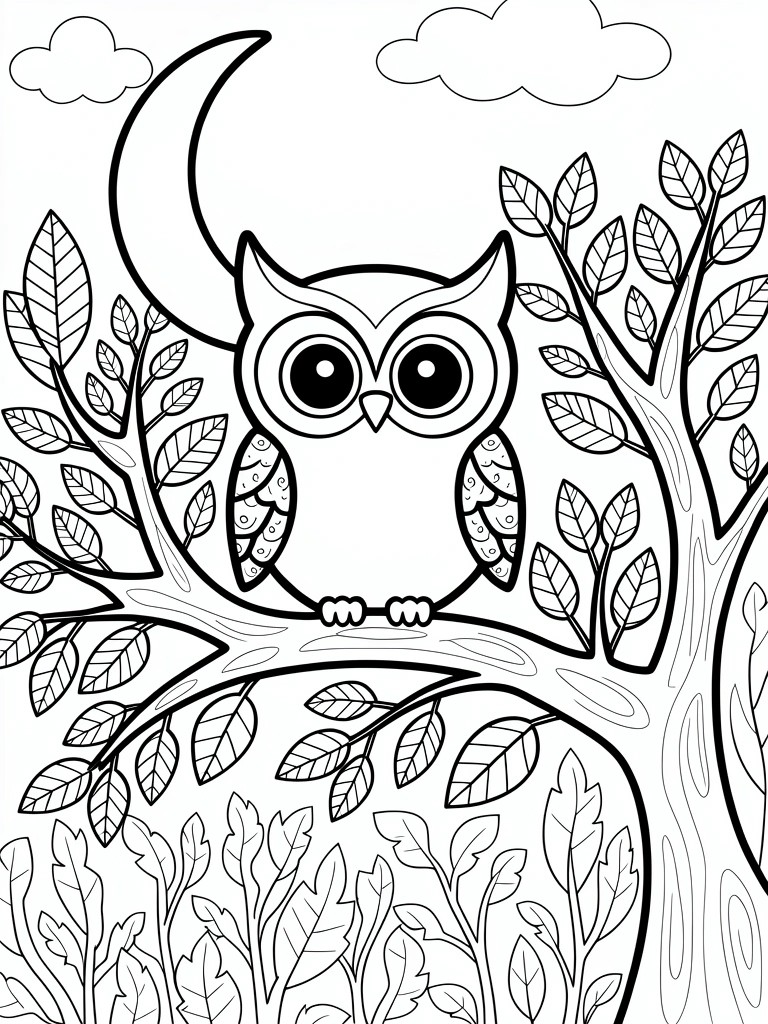 Black line art of a cute owl with large eyes sitting on a tree branch under a crescent moon, surrounded by leaves, clouds, and ground foliage.