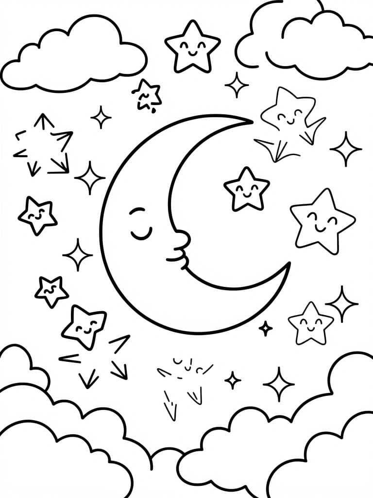 Black and white outline of a crescent moon with a face, surrounded by smiling stars, clouds, and sparkles.