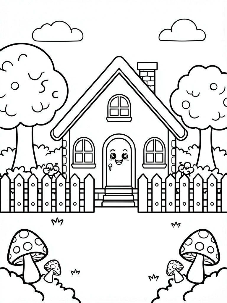 Line drawing of a smiling cartoon house with trees, fence, mushrooms, grass, and clouds.