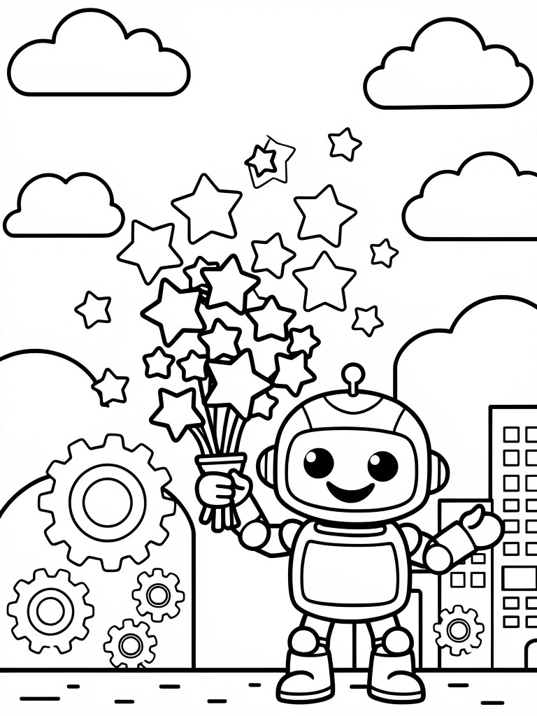 Line drawing of a smiling robot holding a bouquet of stars that burst outward, with clouds, buildings, and gears in the background.