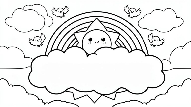 Black outline coloring page featuring a cute smiling sun, rainbow arch, clouds, and small birds.
