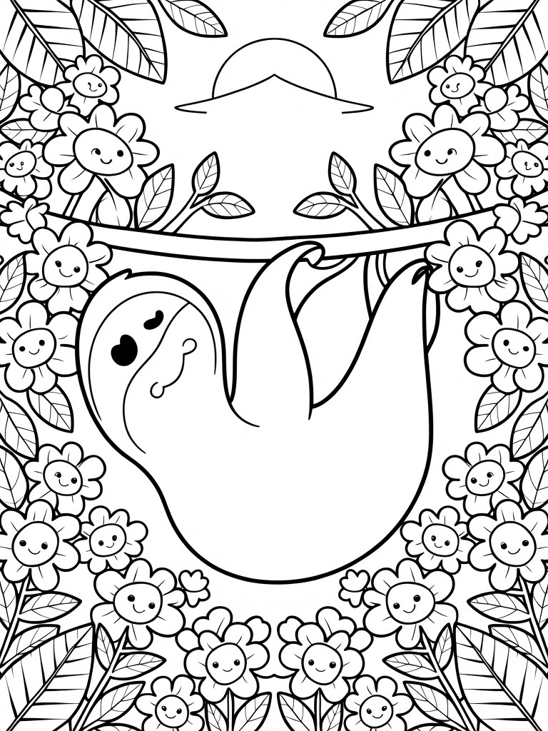 Black outline coloring page featuring a sloth hanging from a branch with sunglasses, surrounded by flowers with faces, leaves, and a sun.