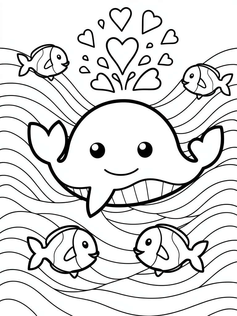 Line art of a smiling whale with speech bubble, arms outstretched, surrounded by fish, hearts, and wavy ocean lines.