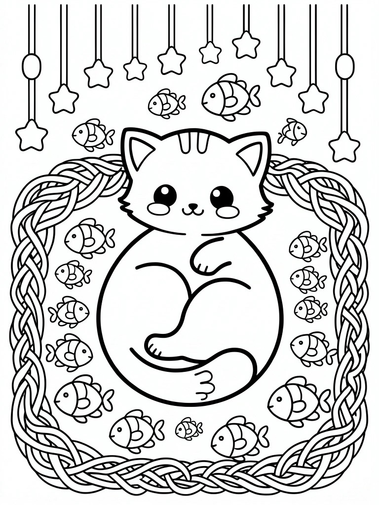 Black line art coloring page featuring a cute curled cat inside a fish-patterned woven border with hanging stars and fish garlands.