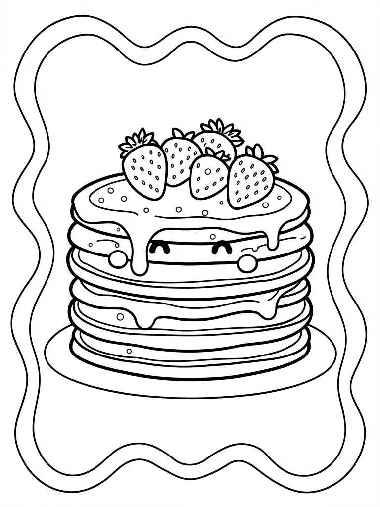 Line art coloring page of stacked pancakes with cute faces, strawberry topping, syrup drips, and a wavy frame.